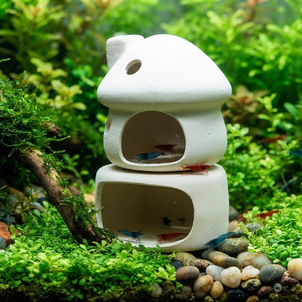 Ceramic Mushroom House Hide Set for Aquarium | Creative Pot & Cave Décor for Shrimp, Fish Tank & Terrarium