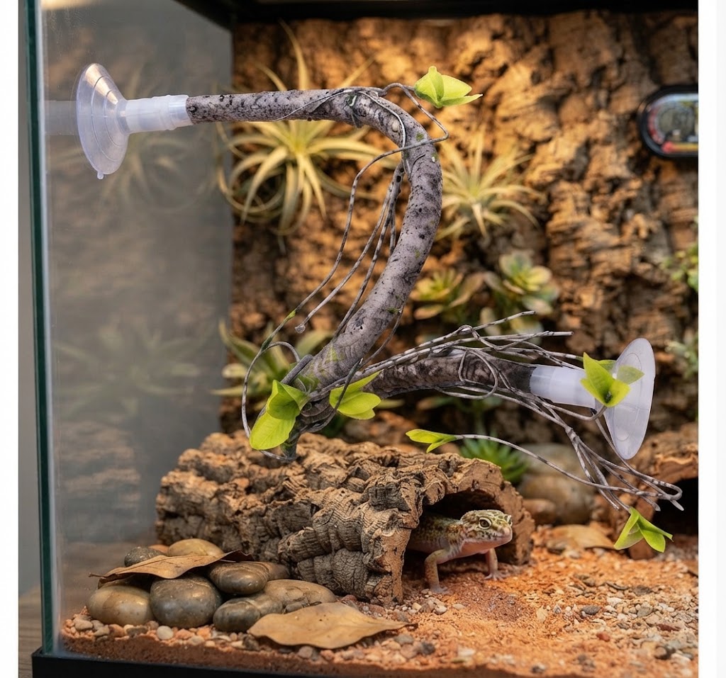 Suction Cup Faux Vine & Branch Perch for Reptile Terrarium | Climbing Décor for Snake, Gecko, Lizard & Turtle Tank