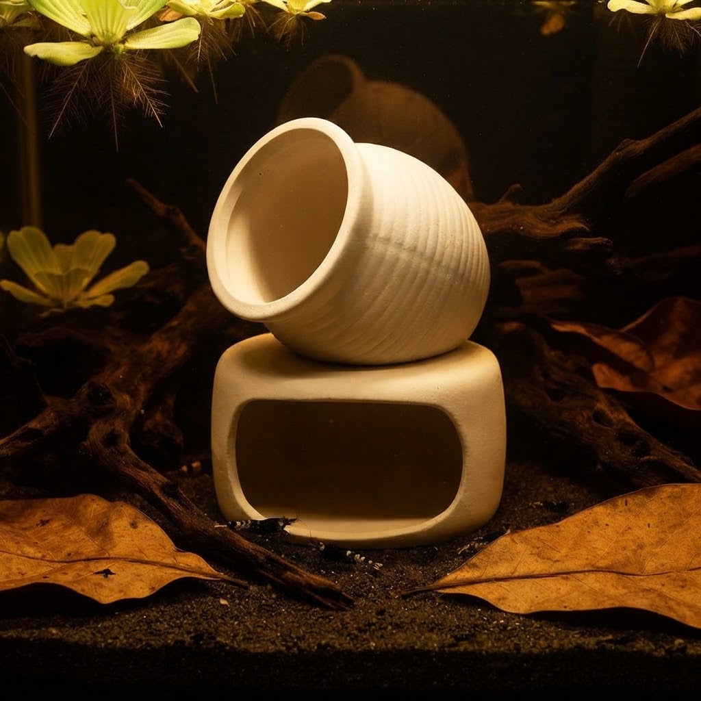Ceramic Mushroom House Hide Set for Aquarium | Creative Pot & Cave Décor for Shrimp, Fish Tank & Terrarium