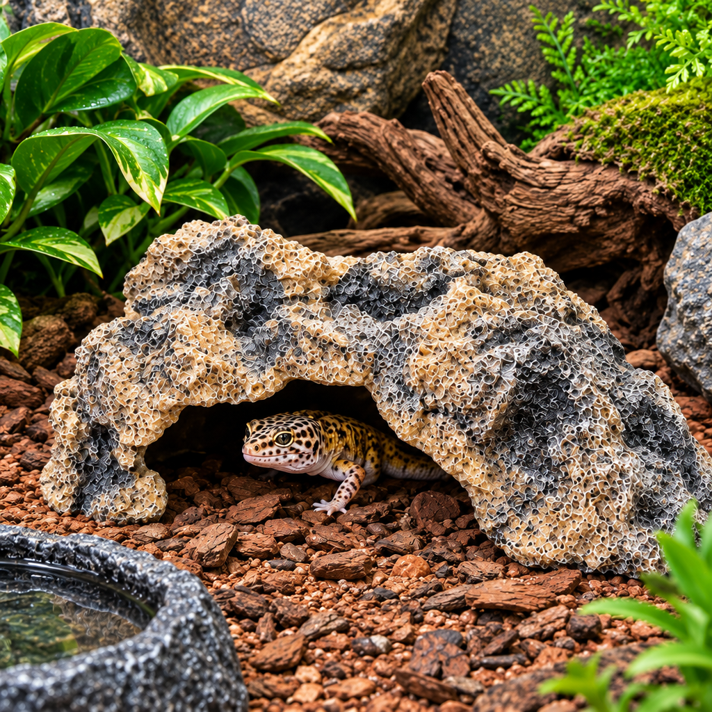 Reptile Rock Hide Cave | Natural Rock-Look Hideout Box for Leopard Gecko, Bearded Dragon, Tortoise & Frog | Terrarium Décor