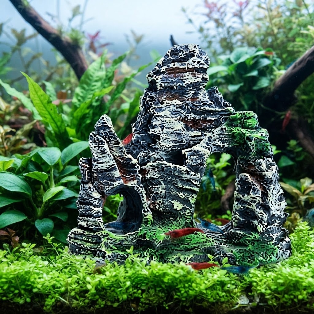 Resin Rock Landscape Ornament for Fish Tank | Realistic Aquarium Décor, Shrimp Hide & Bonsai-Style Miniature