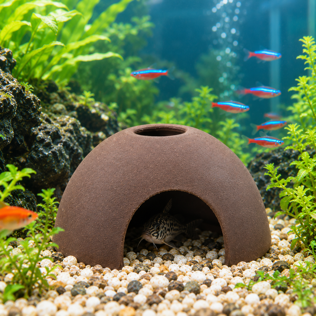 Ceramic Fish Tank Breeding Cave & Hide | Aquarium Décor Pot, Rock Shard & Tile Hiding House for Shrimp & Fish | Small-Medium-Large